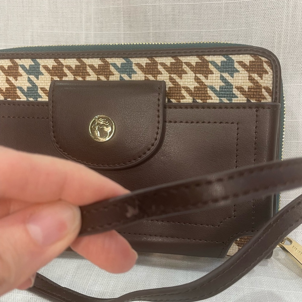 Spartina mini handbag crossbody leather linen wallet green brown houndstooth - Picture 6 of 14